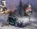 Miniature classic car carrying a christmas tree on winter magic background Royalty Free Stock Photo