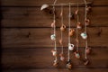 Miniature clay jugs hanging from a rope on Wooden wall