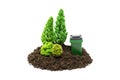 Miniature clean forest, with a garbage container isolated on white background.