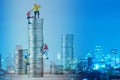 Miniature climbers team climbing on stack of coins Royalty Free Stock Photo