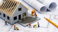 Miniature construction site with workers building a house on architectural blueprints Royalty Free Stock Photo