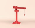 Miniature crane, 3d Icon, red flat color plastic, 3d rendering