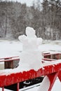 Miniature cute snowman made of natural snow on background of snowy park