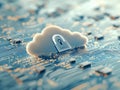 Miniature digital cloud sitting on a microchip with a secure lock, symbolizing cloud integration, data safety, and advanced tec