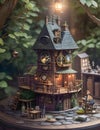 Miniature Diorama Building with Steampunk-Styled Clock