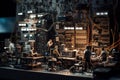 Miniature diorama, many tiny workers building internet network inside computer. Generative AI