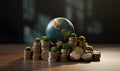 miniature earth globe and pile of coins and plants, generative ai Royalty Free Stock Photo