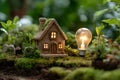 Miniature eco-friendly house illuminated by glowing lightbulb on sustainable concept Royalty Free Stock Photo