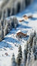 Miniature Effect on Winter Resort Wonderland Captured with Tilt-Shift Lens. AI Generated