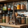 Miniature eiffel tower sculpture in kitchen surrounded by spice jars