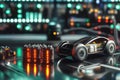 Electric car model on a digital display with battery elements and circuit designs Royalty Free Stock Photo