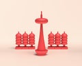 Miniature enery tower with power cells, 3d Icon, red flat color plastic, 3d rendering