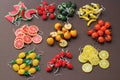 Miniature Fake Polymer Clay Fruits on Brown Background. , Polymer Clay Earrings, Plastic Summer Fruits