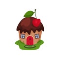 Miniature fantasy house in form of sweet cupcake with chocolate roof and red cherry on top. Cartoon flat vector design Royalty Free Stock Photo