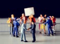 Miniature figures business men shaking hands with protesters stand behind Royalty Free Stock Photo