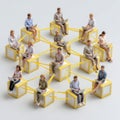 Miniature figures connected in a network on blocks Royalty Free Stock Photo