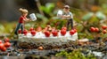 Miniature People Decorating a Delicious Cake with Marshmallows and Cherries in the Forest Royalty Free Stock Photo