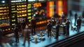 Miniature figures depict a bustling stock market floor, with screens showing financial data, ideal for conceptsof trade. Royalty Free Stock Photo