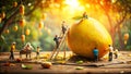 Miniature People Harvesting Giant Mango in Sunny Orchard Royalty Free Stock Photo