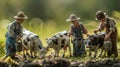 Charming Miniature Farmers Caring for Their Cows in a Lush Green Pasture Royalty Free Stock Photo