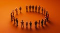 Miniature figures gather in a circular formation on an orange background in a studio setting Royalty Free Stock Photo