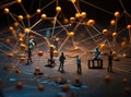 Miniature figures interact within a complex network, illustrating global interconnectedness and communication Royalty Free Stock Photo