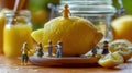 Miniature People Harvesting Giant Lemon: A Whimsical Food Photography Royalty Free Stock Photo
