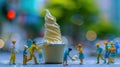A Miniature Team Constructing a Giant Swirl Ice Cream for the City\'s Summer Celebration Royalty Free Stock Photo