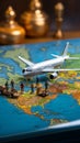 Miniature figures, representing male and female travelers, stand near a world map and airplane