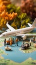 Miniature figures, representing male and female travelers, stand near a world map and airplane