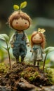 Miniature figures standing on mossy ground in a forest setting Royalty Free Stock Photo