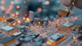 Miniature figures walking on glowing circuit board, symbolizing technology