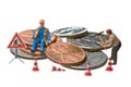 Miniature figures working on a heap of Dollar coin Royalty Free Stock Photo