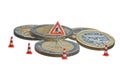 Miniature figures working on a heap of Euro coins. Royalty Free Stock Photo