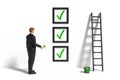 Miniature figurine businessman character with checklist, ladder and green paint in front of a wall isolated on white background Royalty Free Stock Photo