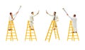 Painter standing on wooden ladder and painting wall with paint tools isolated on white background.