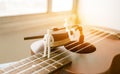 Miniature figurines Businessman sitting on ukulele with Graduation cap. Ukuleles is member lute family instruments with nylon Royalty Free Stock Photo