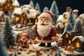 Miniature figurines of a Santa Claus, gnomes and cute village created with generative AI technology