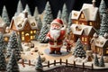 Miniature figurines of a Santa Claus, gnomes and cute village created with generative AI technology