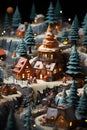 Miniature figurines of a Santa Claus, gnomes and cute village created with generative AI technology