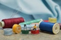 Miniature figurines toys scene with Accessories sewing Royalty Free Stock Photo