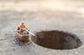 Miniature fishermen are fishing by boat Royalty Free Stock Photo