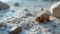 A miniature fossil turtle on a sandy beach with rocks and the ocean in the background is captivating Royalty Free Stock Photo