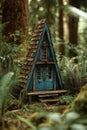 Miniature A-frame wooden house in green forest Ai photo Royalty Free Stock Photo