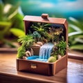 Miniature garden in a gift box on a wooden table.
