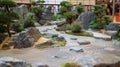 A miniature garden with rocks and trees in a room, AI Royalty Free Stock Photo