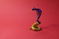 Miniature glass blue snake figure isolated on red background