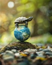 A miniature globe balanced on the back of a turtle, slowly spinning to reveal all the corners of the digital world , advertise