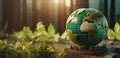 Miniature globe with nature background. Green world, save the planet concept. ai generated Royalty Free Stock Photo