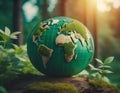 Miniature globe with nature background. Green world, save the planet concept. ai generated Royalty Free Stock Photo